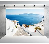 BELECO 2.1x1.5m Tessuto Grecia Isola di Santorini Sfondo Case bianche Architettura Scale Mar Egeo Nave da crociera Montagne Paesaggio Sfondo per fotografia di matrimonio di compleanno
