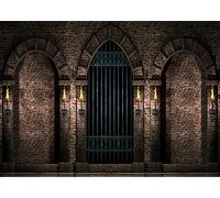 BELECO 2.1x1.6m Tessuto Castello gotico Fotografia Sfondo Antico Muro di pietra Archi Cancelli di ferro Torce Prigione Corridoio Notte di Halloween Sfondo Castello medievale Decorazioni di compleanno