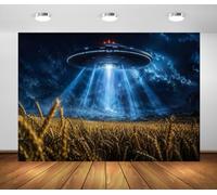 BELECO 2.5x1.8m Sfondo in Tessuto UFO Astronave Campo Grano | Disco Volante Alieno Cielo Notturno Astronave Sfondo Fantascienza Decorazione Festa Banner Photobooth Foto