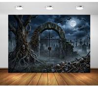 BELECO 2.5x1.8m Tessuto Sfondo Halloween Arco Pietra Spaventoso Cimitero | Albero Demonio Spaventoso Scheletro Teschio Lapide Luna Piena Pipistrello Cimitero Nebbioso Sfondo Telo Di Sfondo