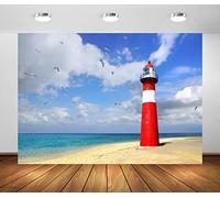 BELECO 2.7x1.8m Sfondo in tessuto con faro sul mare per fotografia Spiaggia di sabbia Gabbiano in volo Cielo blu Nuvole bianche Sfondo di paesaggi marini blu Decorazioni per feste nautiche
