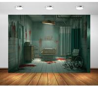 BELECO 2.7x1.8m Sfondo in Tessuto Reparto Sangue Ospedale Horror | Stanza Manicomio Infestata Letto Sedia a Rotelle Parete Insanguinata Sfondo Halloween Ospedale Festa Photobooth