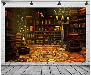BELECO 2.7x1.8m Tessuto Mago Magico Sfondo Sala Studio per Fotografia Antica Biblioteca Scaffale Libri Magici Pozione Teschi Candele Elfi Mago Tarocchi Alchimia Sfondo
