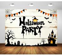 BELECO 3.6x2.5m Sfondo in Tessuto Halloween Legno Rustico Horror | Sfondo in Tessuto Castello Infestato Ragnatela Zucca Pipistrelli Lapidi Halloween Trick Or Treat Fotografia