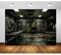 BELECO 3.6x2.5m Sfondo in Tessuto Obitorio Horror Ospedale Infestato | Armadietti Obitorio Insanguinati Tavolo Autopsia Sfondo Halloween Horror Decorazione Festa Banner Foto