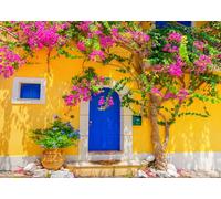 BELECO 3.6x2.5m Sfondo tessuto case gialle greche borgo | Via greca case gialle porte blu per feste mediterranee e scatti viaggio fotografici.