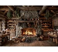 BELECO 3.6x2.5m Sfondo tessuto vecchia cucina vintage | Sfondo casolare rustico camino pietra legna ardente pentole fattoria campagna decorazioni festa cucina accessori foto
