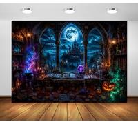 BELECO 3.6x3m Sfondo Tessuto Strega Mago Castello Finestra Gotica | Laboratorio pozioni magiche Sfera di cristallo Zucca Luna piena Decorazione halloween Accessorio servizio fotografico