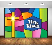 BELECO 3x2.5m Sfondo Fotografico Lui È Risorto Gesù Cristo Croce Luce Sacra Vetrate Chiesa Battesimo Decorazione Festa Di Pasqua Eventi Chiesa Ritratti Bambini Adulti Accessori Foto