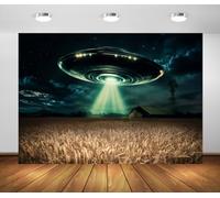 BELECO 3x2.5m Sfondo in Tessuto UFO Alieno Disco Volante | Astronave sopra Campo di Grano UFO Raggio Verde Cielo Nuvoloso Sfondo Spazio Decorazione Festa Studio Foto