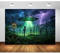 BELECO 3x2.5m Sfondo in Tessuto UFO Alieno Halloween Sci Fi | Disco Volante Alieno Bosco Notturno Horror Sfondo Fantascienza Halloween Decorazione Festa Banner Photobooth