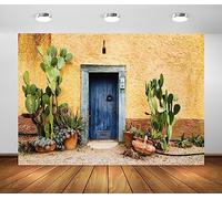 BELECO 3x2.5m Tessuto Messico Sfondo casa retrò Vecchia porta di legno blu con piante di cactus Tequila Muro di stucco giallo vintage Tema messicano Fotografia Sfondo Puntelli foto