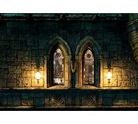 BELECO 3x2m Sfondo fotografico in tessuto castello gotico Castello in pietra antica Finestre ad arco con vetro colorato Luce fioca Decorazione per feste di sfondo malvagio di Halloween