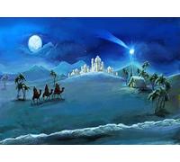 BELECO 3x2m Sfondo presepe Notte di Natale Stelle Sacra Famiglia e Tre Re Deserto Castello Cottage Magia Nascita di Gesù Sfondo Chiesa Religione Photo Booth Puntelli