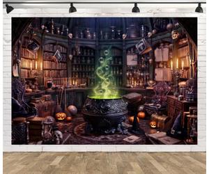 BELECO 3x3m Sfondo in Tessuto Laboratorio Strega Alchimia Magica | Casetta della Strega Calderone Pozioni Biblioteca Gotica Sfondo Halloween Party Decorazioni Photo Booth Props