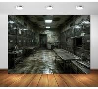 BELECO 4.6x3m Sfondo in Tessuto Obitorio Infestato Ospedale Horror | Obitorio Abbandonato Armadietti Tavoli Autopsia Sfondo Halloween Ospedale Decorazione Festa Banner Foto