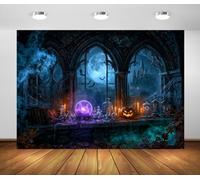 BELECO 4.6x3m Sfondo Tessuto Castello Strega Inquietante | Finestra arco gotica buia Laboratorio magico Luna piena Castello infestato Decorazione halloween Accessorio fotografico