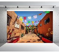 BELECO 4.6x3m Sfondo tessuto strada borgo antico Nuovo Messico | Edifici messicani tradizionali e nastri colorati per feste fiesta e decorazioni culturali.