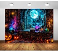 BELECO 5.2x3m Sfondo Tessuto Laboratorio Strega Foresta Castello | Finestra gotica Calderone magico Zucca Luna piena Decorazione halloween Accessorio servizio fotografico