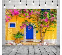 BELECO 6x3m Sfondo tessuto case gialle greche borgo | Via greca case gialle porte blu per feste mediterranee e scatti viaggio fotografici.