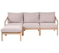 Beliani Divano da esterno con pouf in legno di acacia, 3 posti, con schienale e cuscini beige e marrone chiaro