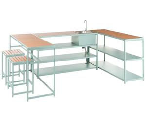 Beliani Set Cucina da Esterno con lavello 6 Elementi Acciaio Verde Chiaro con Tavolo Bar a 2 posti