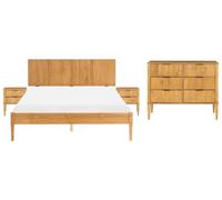 Beliani Set da camera da letto in legno di pino letto matrimoniale con 2 comodini e cassettiera a 6 cassetti 160 x 200 cm marrone chiaro
