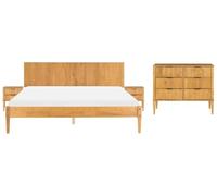Beliani Set da camera da letto in legno di pino letto matrimoniale con 2 comodini e cassettiera a 6 cassetti 180 x 200 cm marrone chiaro
