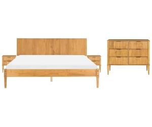 Beliani Set da camera da letto in legno di pino letto matrimoniale con 2 comodini e cassettiera a 6 cassetti 180 x 200 cm marrone chiaro