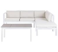 Beliani Set da giardino divano 5 posti e tavolo elevabile con struttura bianca e piano in vetro e cuscini bianchi color crema