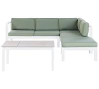 Beliani Set da giardino divano 5 posti e tavolo elevabile con struttura bianca e piano in vetro e cuscini bianchi e verdi