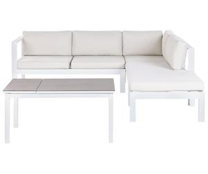 Beliani Set da giardino divano 5 posti e tavolo elevabile con struttura bianca e piano in vetro e cuscini bianchi color crema