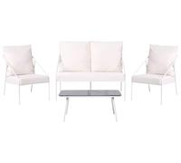 Beliani Set da giardino moderno 4 posti con struttura in metallo e cuscini in cotone con rivestimenti sfoderabili Poltrone Divano Tavolino Bianco