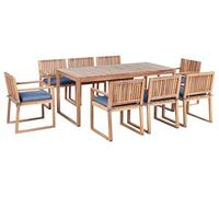 Beliani Set da pranzo da giardino rustico da 8 posti con tavolo e sedie in legno di acacia certificato e cuscini blu Sassari