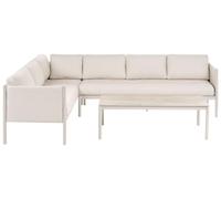 Beliani Set da salotto da esterno con divano ad angolo a destra e tavolino, 5 posti in metallo, piano in vetro temperato, beige chiaro