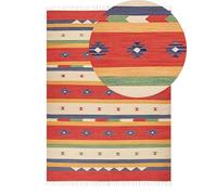 Beliani Tappeto kilim in cotone rosso beige con nappe 140 x 200 cm