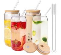 BELICOO Confezione da 4 bicchieri con coperchio in bambù e cannuccia in vetro, 500 ml, tazze da caffè ghiacciato, tazze in vetro con coperchio, cannucce e pennello, bicchieri per birra, cocktail, tè,