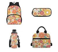 Belidome 4 pezzi zaino pranzo borsa portamatite porta bottiglia d'acqua per bambini adulti unisex leggero zaino isolato, Fiore Groovy, Onesized, Zaino per bambini