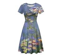 Belidome Abito da donna prendisole lunghezza midi swing estivo casual spiaggia abito morbido, Ninfee di Claude Monet Nympheas, M