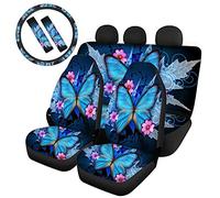 Belidome Coprisedili anteriori e posteriori per auto con farfalla blu, per donne, protezione per volante e cinture di sicurezza, resistenti