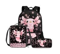 Belidome Set da 3 pezzi per la scuola, borsa per il pranzo, astuccio per bambini, zaino da viaggio per ragazzi e ragazze, con tasche frontali, 3 pezzi, Axolotl ai fiori di ciliegio, Taglia unica, Set