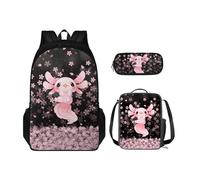 Belidome Set di 3 pezzi zaino per la scuola per ragazze e ragazzi borsa per il pranzo borsa tote astuccio per viaggi picnic, Axolotl ai fiori di ciliegio, Taglia unica, Set di zaini per la scuola
