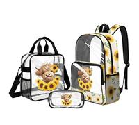 Belidome Set di 4 zaini per la scuola elementare da bambina, con zaino trasparente e portapranzo, 3 pezzi, Girasole della mucca delle Highland, L, Casual