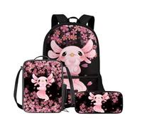 Belidome Set di borsa per la scuola e borsa per il pranzo per ragazzi e ragazze con astuccio a doppia cerniera zaino con tasche frontali, 3 in 1, Axolotl ai fiori di ciliegio, Taglia unica