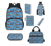 Belidome Set di zaini per la scuola per bambini con portapranzo e portabottiglie d'acqua, custodia per libro e portachiavi, 7 pezzi, Auto della polizia, Taglia unica, Set di zaini per la scuola
