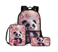 Belidome Set di zaino per la scuola e borsa per il pranzo per ragazze e ragazzi con astuccio, 3 pezzi, zaino con doppia cerniera, Panda in fiore di cilie, Taglia unica, Set di zaini per la scuola
