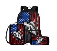 Belidome Set di zaino per la scuola e borsa per il pranzo per ragazze e ragazzi con astuccio, 3 pezzi, zaino con doppia cerniera, Bandiera americana Bass Fish, Taglia unica, Set di zaini per la scuola