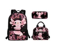 Belidome Set zaino per il pranzo e astuccio per ragazze e ragazzi, borsa per libri scolastici per bambini e ragazzi, Axolotl ai fiori di ciliegio, Taglia unica, Set di zaini per la scuola