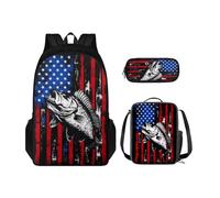 Belidome Zaino 3 in 1 con borsa per il pranzo, astuccio per matite e libri con grandi tasche frontali per ragazzi e ragazze, Bandiera USA Bass Fish, Taglia unica, Set di zaini per la scuola