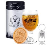Belillpipi Regalo di pensionamento, pensionato, regalo di addio al collega, bicchiere da birra con sottobicchiere, apribottiglie, bicchiere da birra con incisione Retired 2025